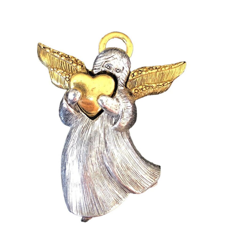 Vintage Signed LC Two Tone Gold & Silver Tone Angel Holding A Heart Halo Brooch